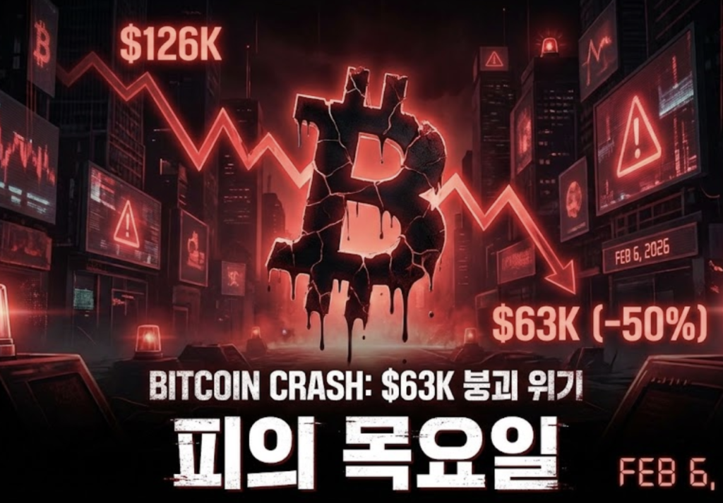 비트코인 63,000달러 붕괴 위기 및 고점 대비 50% 폭락을 나타내는 붉은색 하락 차트와 '피의 목요일' 문구가 담긴 실시간 뉴스 속보 이미지